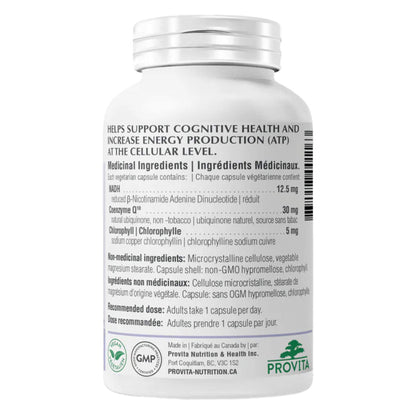 Bottle Back of Provita NADH + Forte