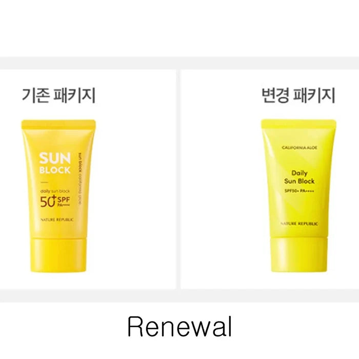 Nature Republic Daily Sun Block California Aloe SPF50+ PA++++ 57ml ناتشر ريبابليك صن بلوك يومي كاليفورنيا ألو SPF50+ PA++++ 57 مل - متجدد - Princess Cosmetics Qatar