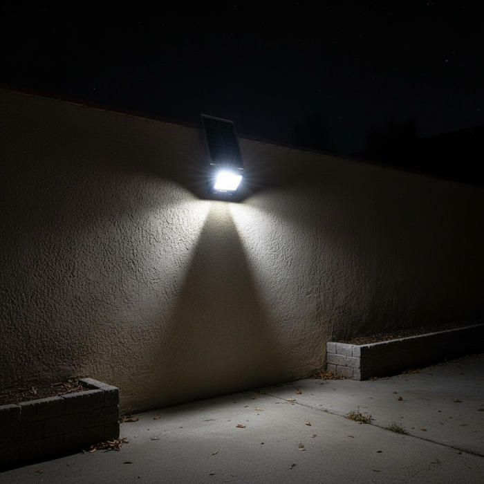Neelux 200W solar flood light illuminating outdoor area at night