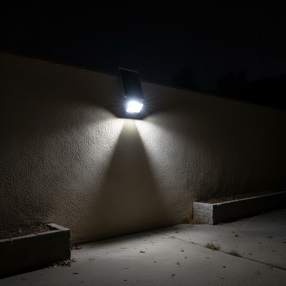 Neelux 200W solar flood light illuminating outdoor area at night