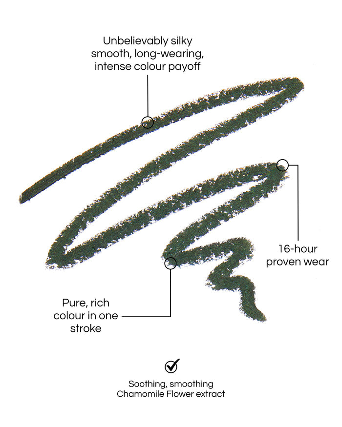 Seamless Glide Eye Pencil swatch, with text demonstrating the benefits: Unbelievably silky smooth, long-wearing, intense colour payoff. 16-hour proven wear. Pure-rich colour in one stroke. Soothing, smoothing Chamomile Flower Extract. In shade Night Forest.