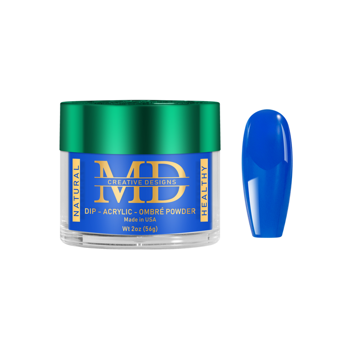 Blue nail powder in a green and blue container with 'MD' branding on a white background