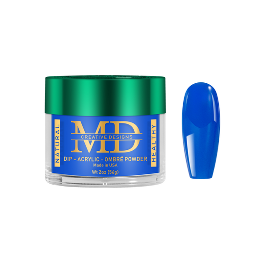 Blue nail powder in a green and blue container with 'MD' branding on a white background
