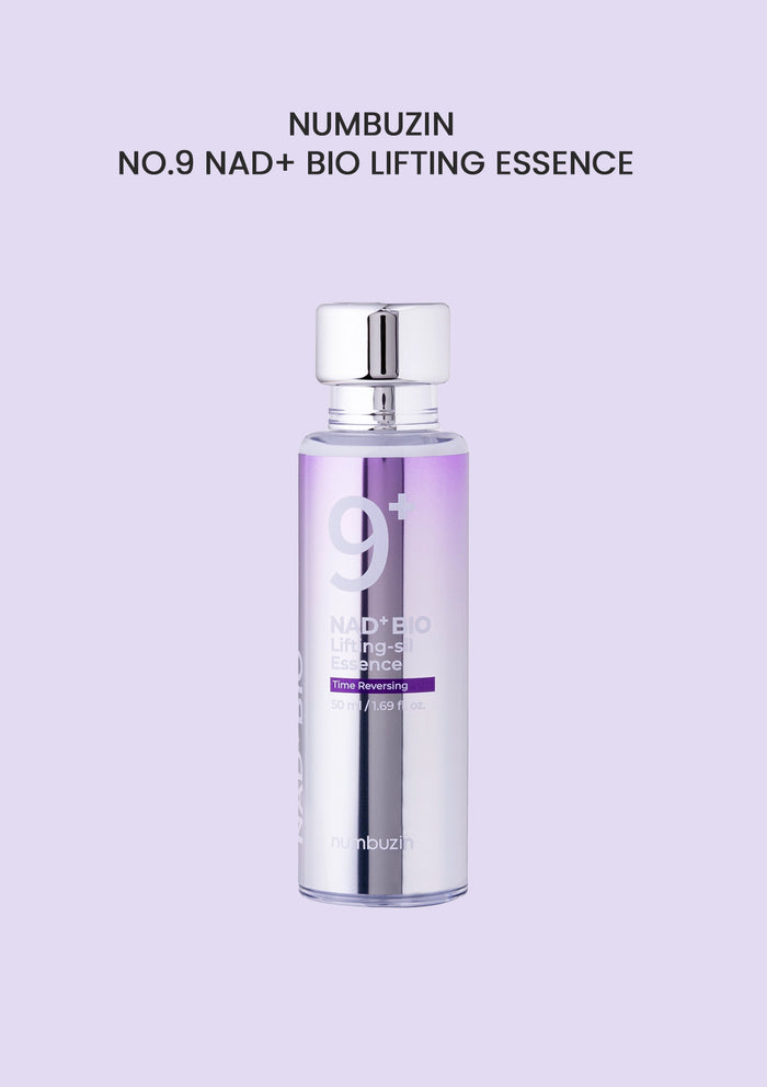 A bottle of NUMBUZIN No.9 NAD+ Bio Lifting Essence against a purple background.
