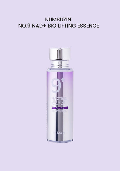 A bottle of NUMBUZIN No.9 NAD+ Bio Lifting Essence against a purple background.