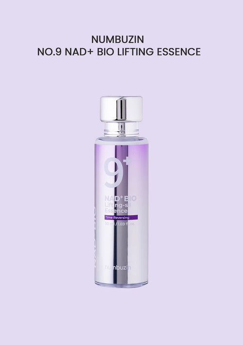 A bottle of NUMBUZIN No.9 NAD+ Bio Lifting Essence against a purple background.