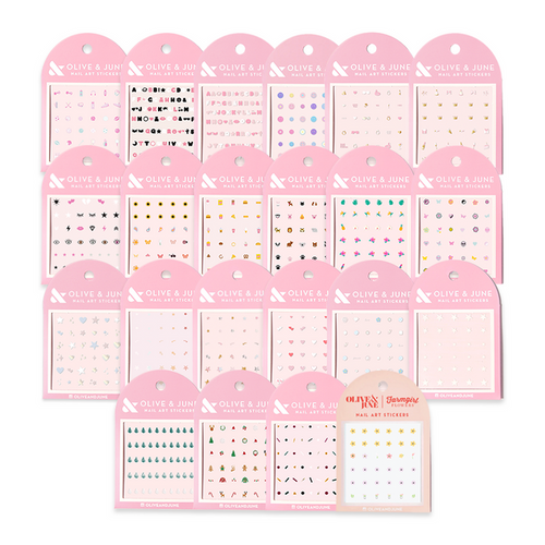 Olive the Stickers Set showing multiple nail art sticker sheets with hearts, sports, and cute designs for easy manicure decoration