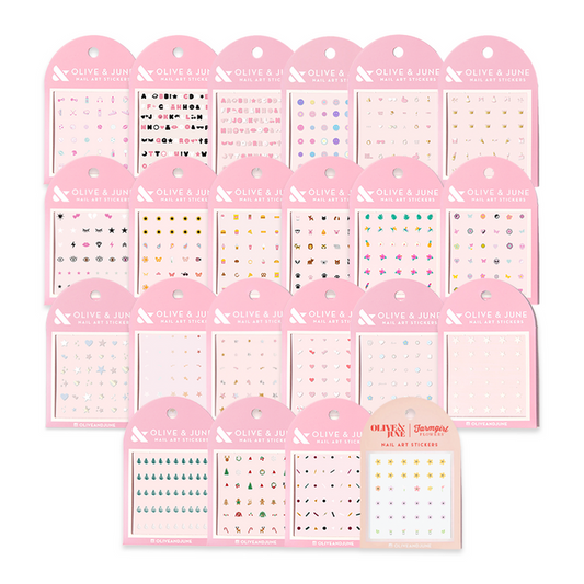 Olive the Stickers Set showing multiple nail art sticker sheets with hearts, sports, and cute designs for easy manicure decoration