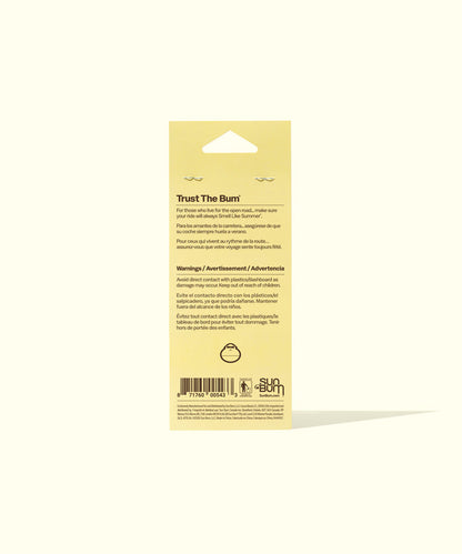 Sun Bum Original Scent Air Freshener with gorilla face design hanging on yellow packaging background.