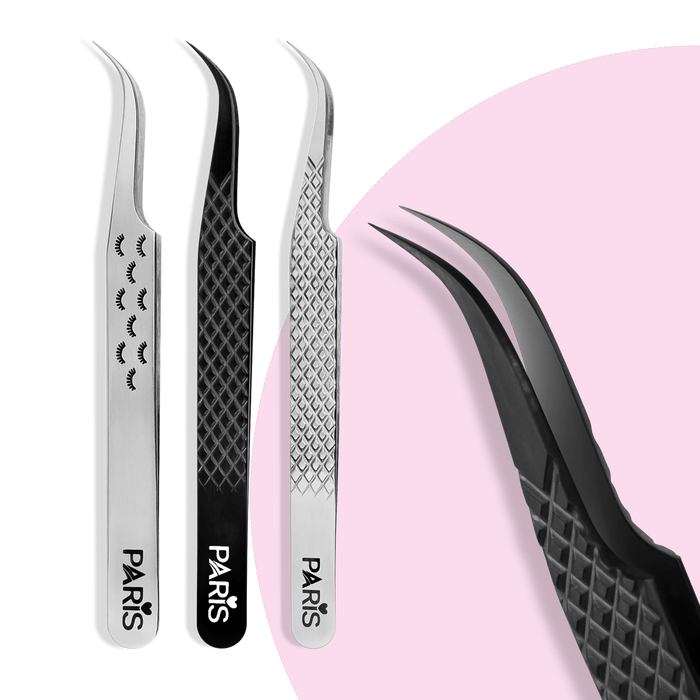 PLA P6 Ultimate Volume Tweezers (front view of three tweezers, close up view of the tip)