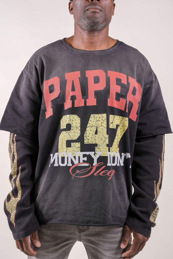 Paper Money "247" Rhinestones Black Layered Long Sleeve