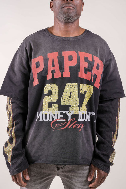 Paper Money "247" Rhinestones Black Layered Long Sleeve