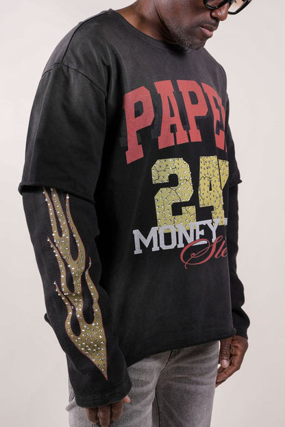 Paper Money "247" Rhinestones Black Layered Long Sleeve