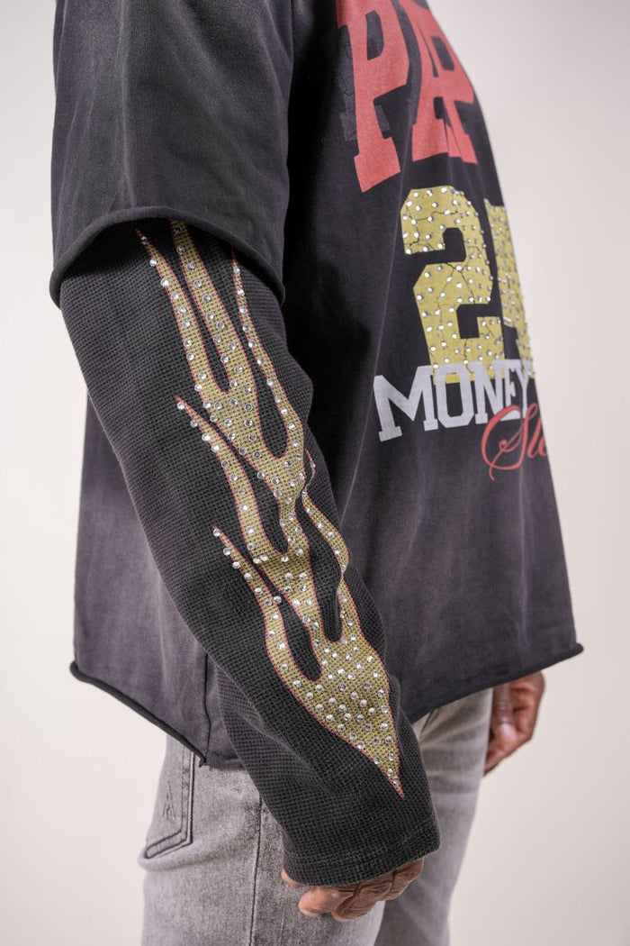 Paper Money "247" Rhinestones Black Layered Long Sleeve