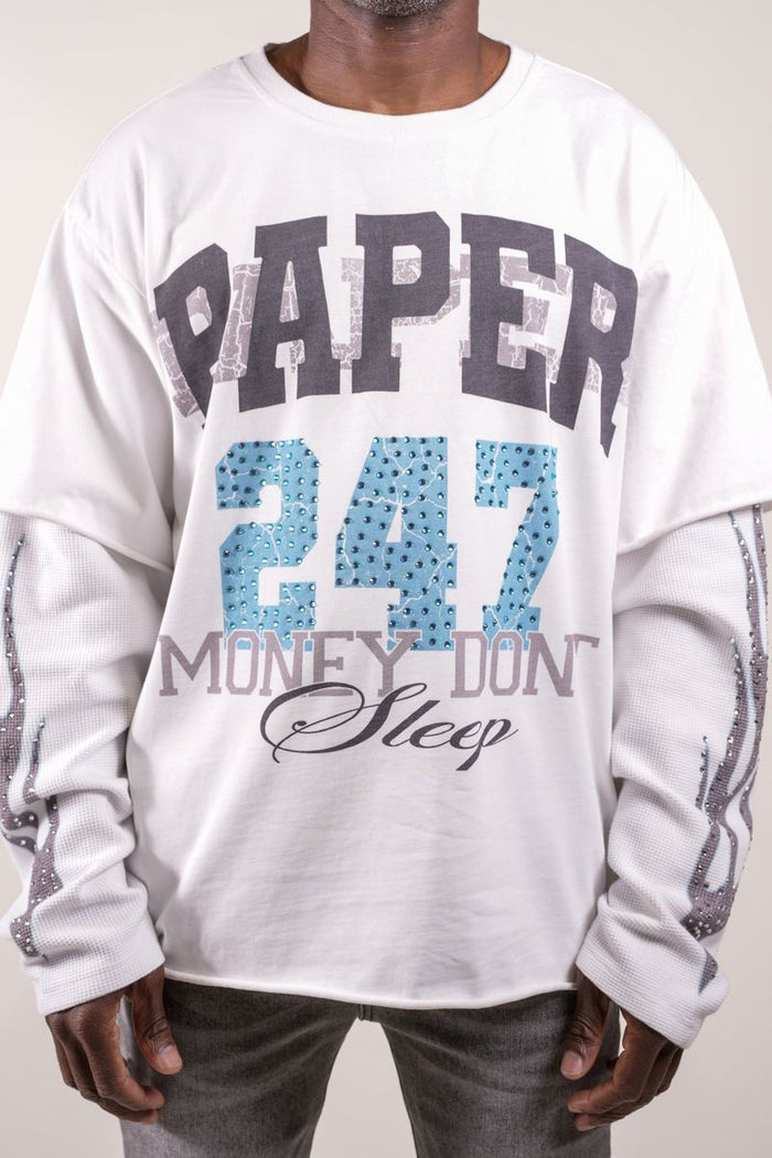 Paper Money "247" Rhinestones White Layered Long Sleeve