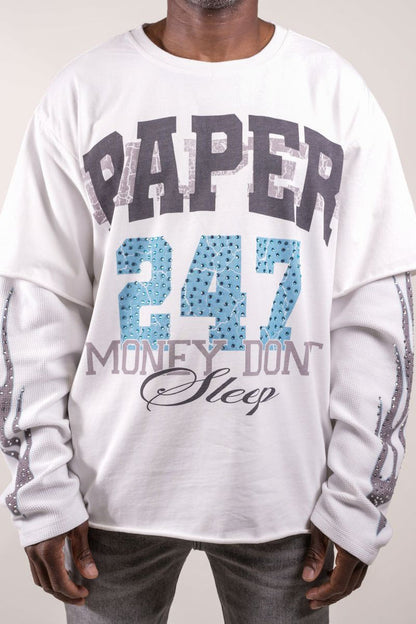 Paper Money "247" Rhinestones White Layered Long Sleeve