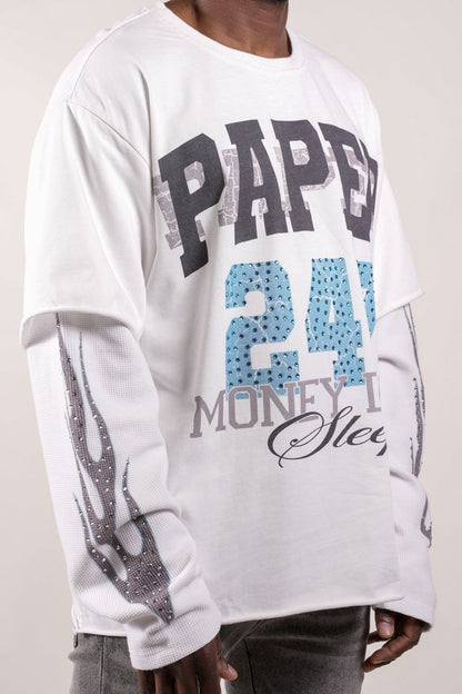 Paper Money "247" Rhinestones White Layered Long Sleeve