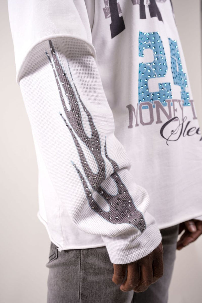 Paper Money "247" Rhinestones White Layered Long Sleeve