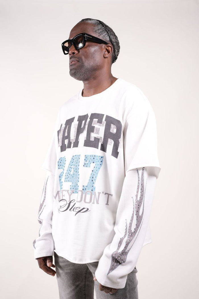Paper Money "247" Rhinestones White Layered Long Sleeve