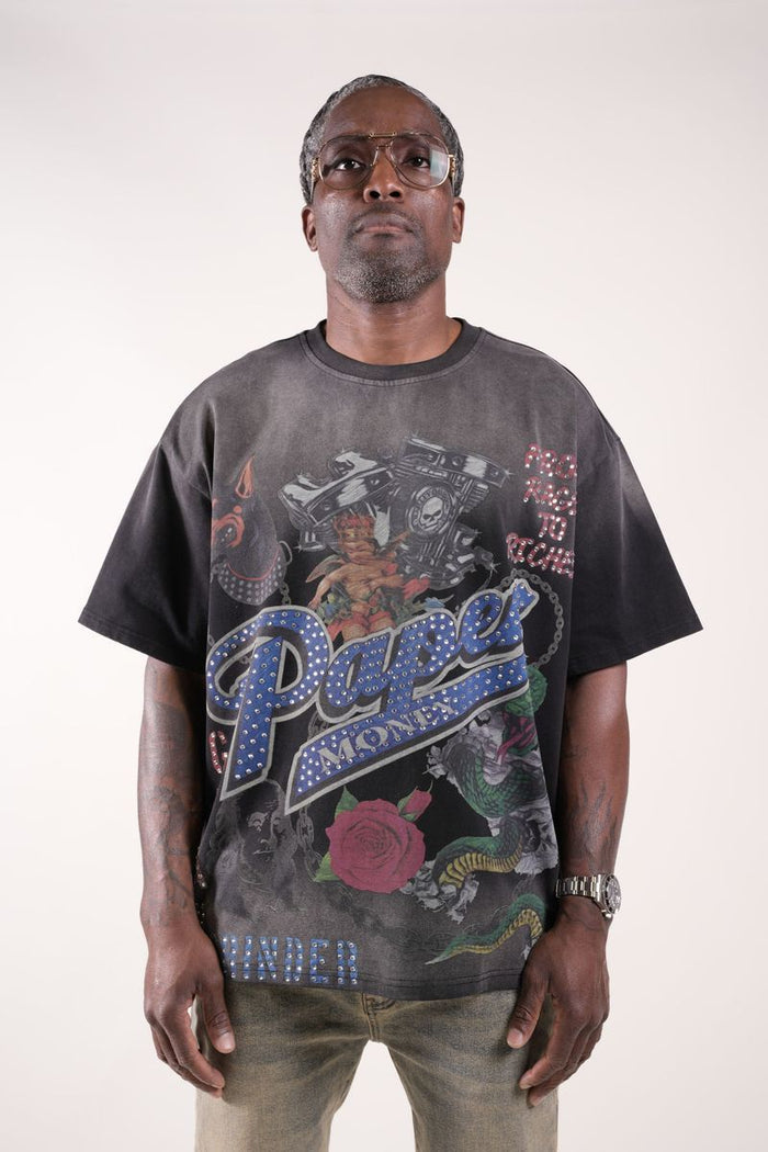 Paper Money "For The Dogs" Rhinestones Black Tee