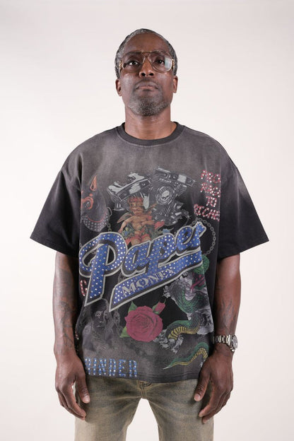 Paper Money "For The Dogs" Rhinestones Black Tee
