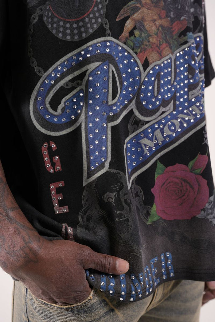 Paper Money "For The Dogs" Rhinestones Black Tee