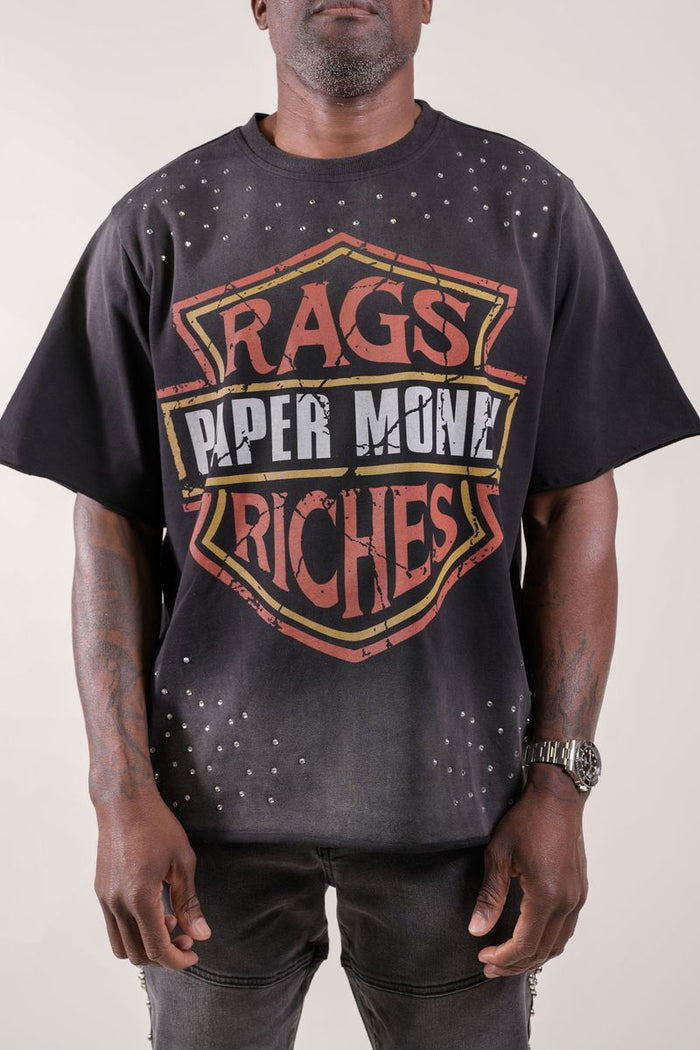 Paper Money "Moto" Rhinestones Black Tee