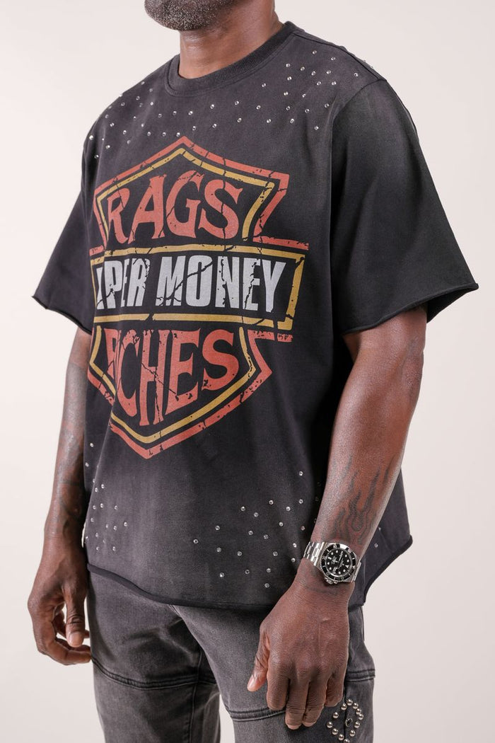 Paper Money "Moto" Rhinestones Black Tee