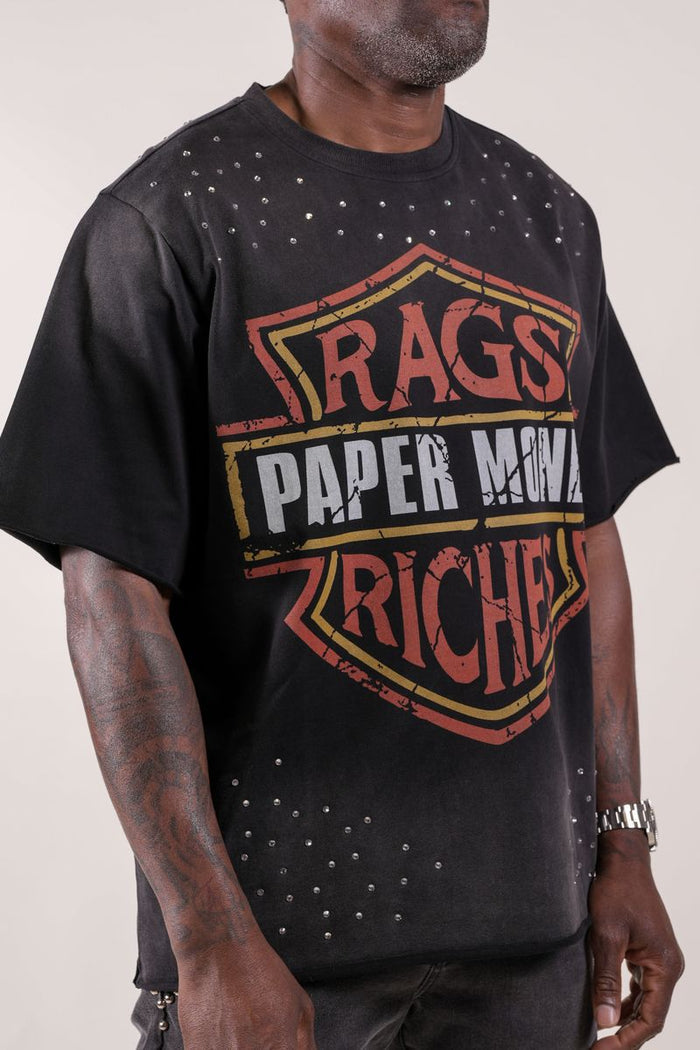 Paper Money "Moto" Rhinestones Black Tee