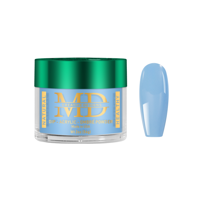 Jar of MD with a light blue nail tip color swatch on a white background