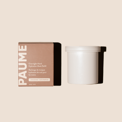 PAUME Overnight Hand & Foot Hydration Mask in jar and refill, showing the cream texture and packaging for deep moisturizing.
