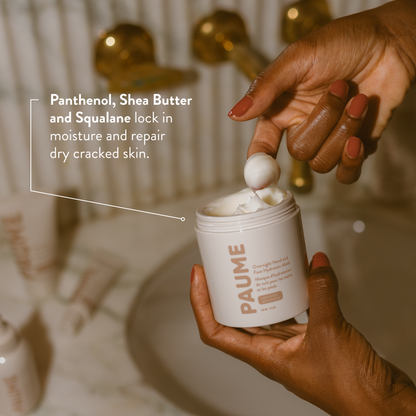 PAUME Overnight Hand & Foot Hydration Mask jar and refill, showing the skincare product with a sleek container and label.