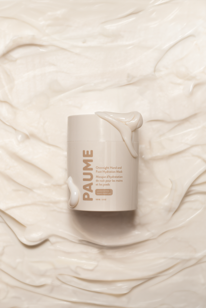PAUME Overnight Hand & Foot Hydration Mask in jar, showing the product with its refill container, designed for deep skin hydration.