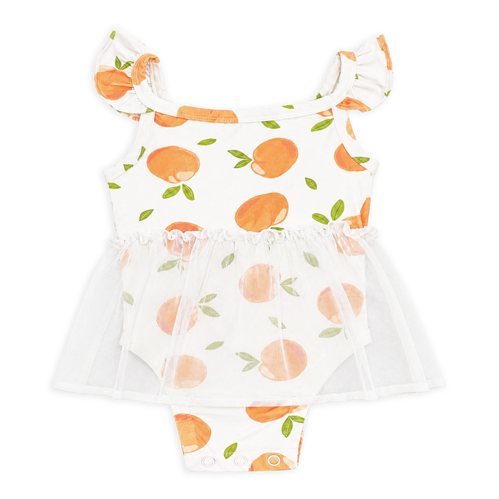Front of Peaches Ruffle Tutu Baby Girl Romper  made from Organic Jersey