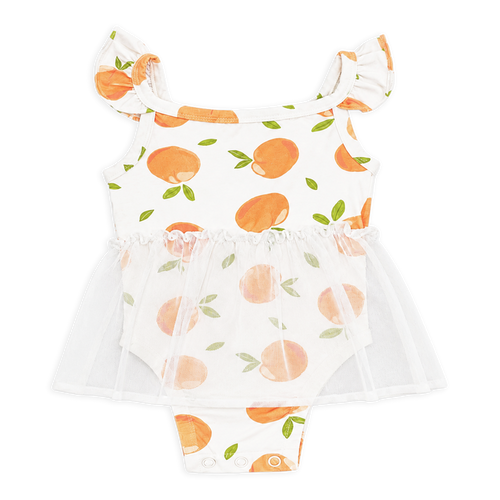 Front of Peaches Ruffle Tutu Baby Girl Romper  made from Organic Jersey