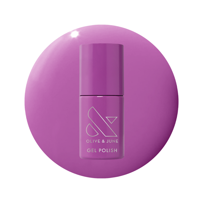 Bottle of Petal - Gel nail polish in bright floral purple shade on matching purple gel polish background