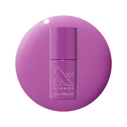 Bottle of Petal - Gel nail polish in bright floral purple shade on matching purple gel polish background