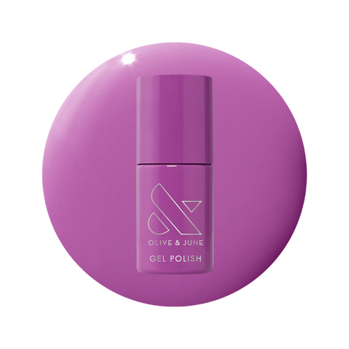 Bottle of Petal - Gel nail polish in bright floral purple shade on matching purple gel polish background
