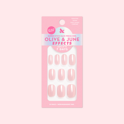 Pink Sands Chrome - Tab Press On | Short | Squoval false nails in cool pastel pink with chrome shimmer in retail packaging