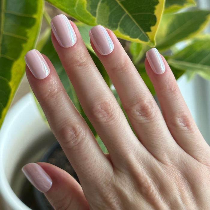 Close-up of hand wearing Pink Sands Chrome - Tab Press On | Short | Squoval false nails in cool pastel pink with chrome effect near leaves
