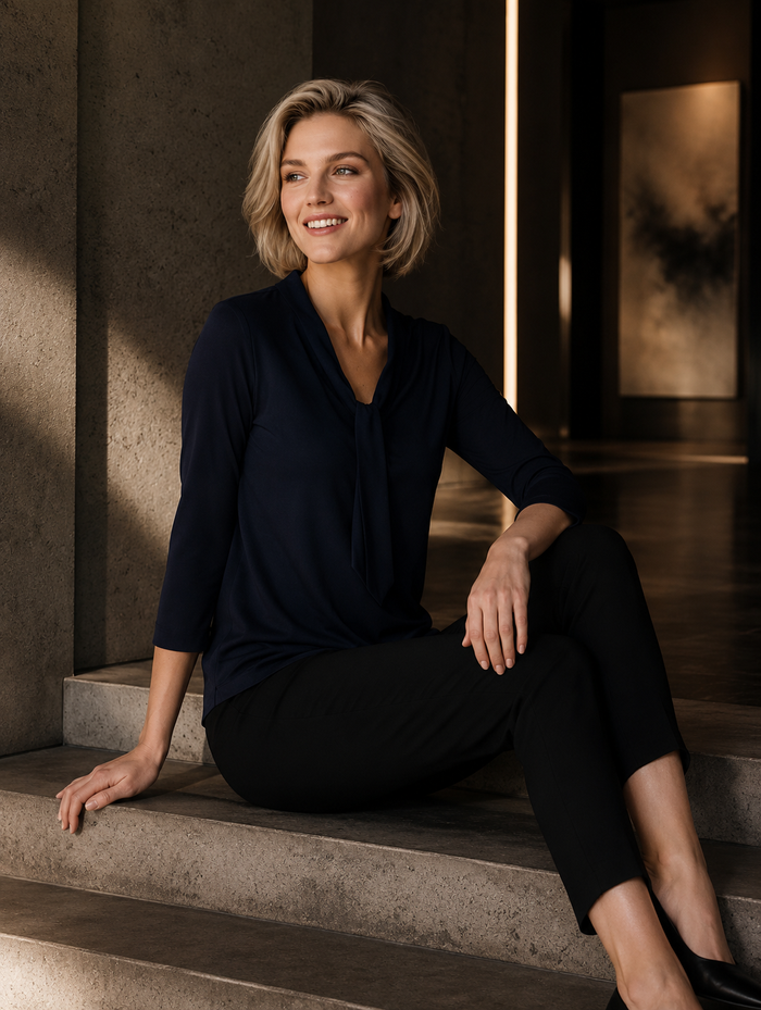 Woman sitting on steps wearing a dark outfit in a warm-toned interior setting