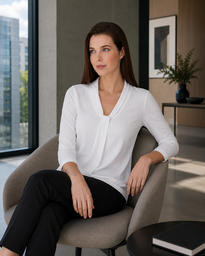 Woman sitting in a modern chair in a stylish room with large windows.