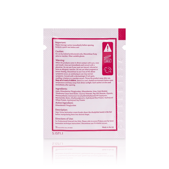 PLA's Brow Lamination Line: Brow Lamination Step 1 Sachet, (back view of the sachet)