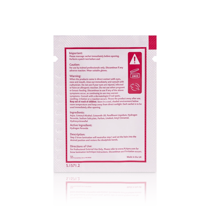 PLA's Brow Lamination Line: Brow Lamination Step 2 Sachet, (back view of the sachet)