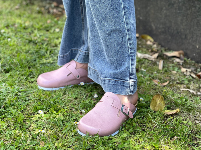 Quality European women's sandals. Made in Spain contoured cork footbed and rubber sole. clog style sandal that comes in pink.