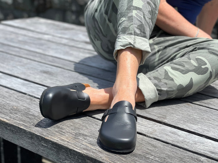 Quality European women's sandals. Made in Spain contoured cork footbed and rubber sole. clog style sandal that comes in black.