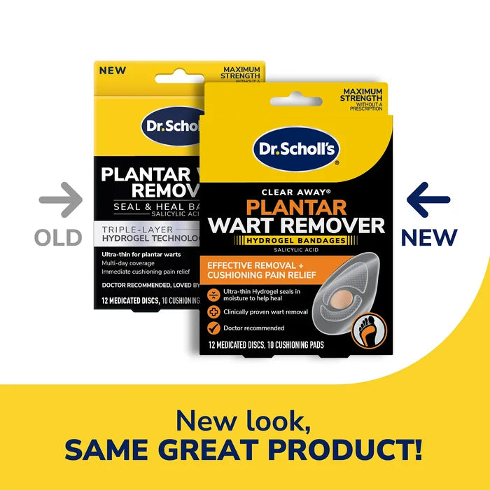 Plantar wart remover hydrogel bandage boxes showing old and new package design