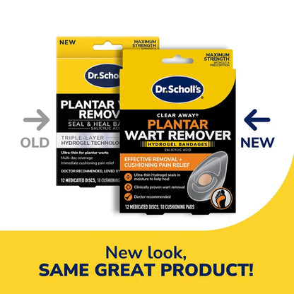 Plantar wart remover hydrogel bandage boxes showing old and new package design