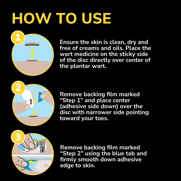 Hydrogel wart remover bandage application steps on foot with adhesive disc