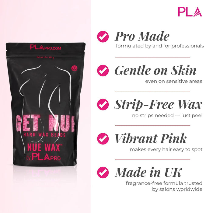 Info picture with hard wax bag and text "Pro Made", "Gentle on Skin", Strip-Free Wax", "Vibrant Pink", and "Made in UK"